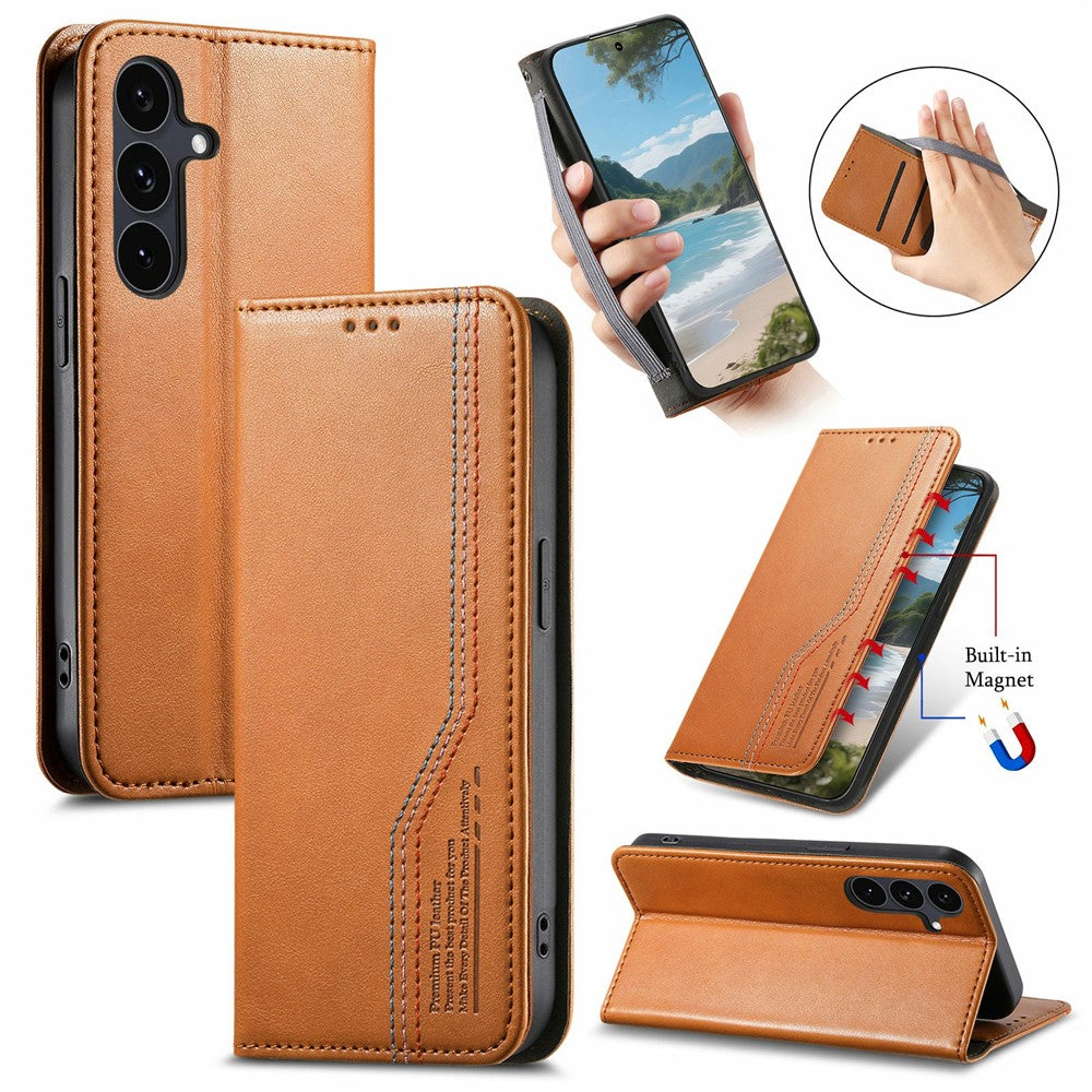 Til Samsung Galaxy S26 FE Coverpung Tri-Color Syning Lædertelefoncover med Elastisk Håndrem