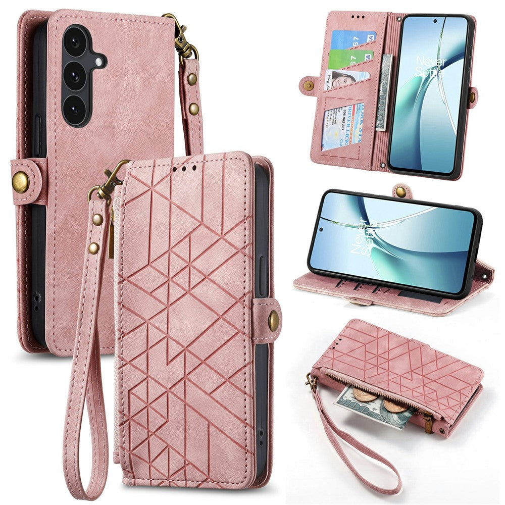 For Samsung Galaxy S26 FE Case Zipper Wallet Geometry Lines Leather Phone Cover with Strap