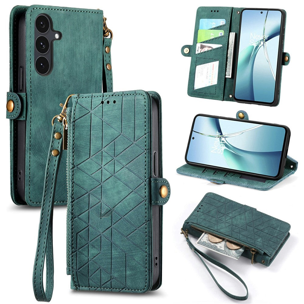For Samsung Galaxy S26 FE Case Zipper Wallet Geometry Lines Leather Phone Cover with Strap