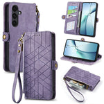 For Samsung Galaxy S26 FE Case Zipper Wallet Geometry Lines Leather Phone Cover with Strap