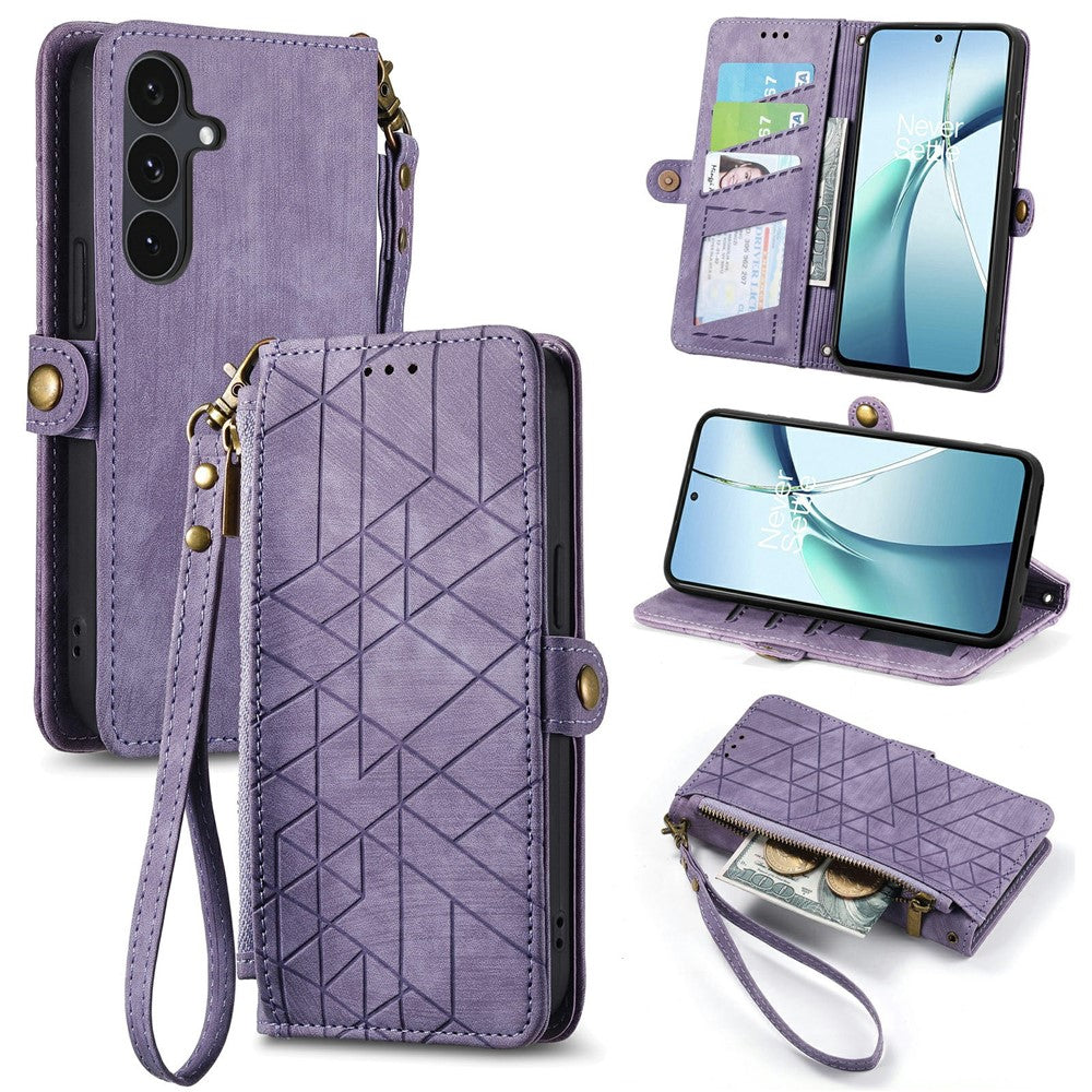 For Samsung Galaxy S26 FE Case Zipper Wallet Geometry Lines Leather Phone Cover with Strap