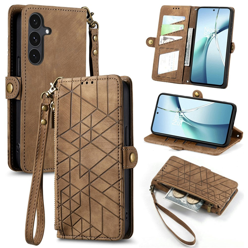 For Samsung Galaxy S26 FE Case Zipper Wallet Geometry Lines Leather Phone Cover with Strap