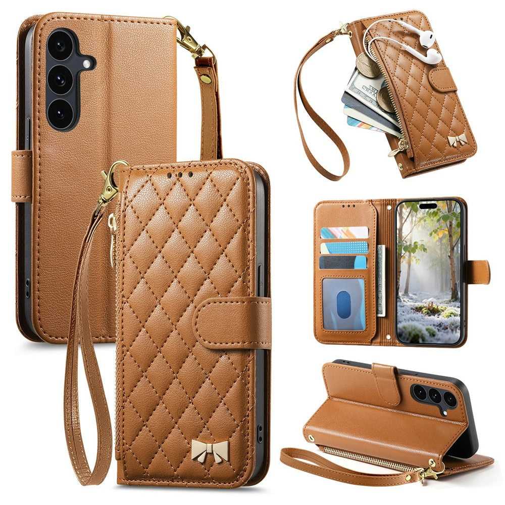 For Samsung Galaxy S26 FE Stand Case Imprint TPU PU Leather Zipper Pocket Wallet Phone Cover with Strap