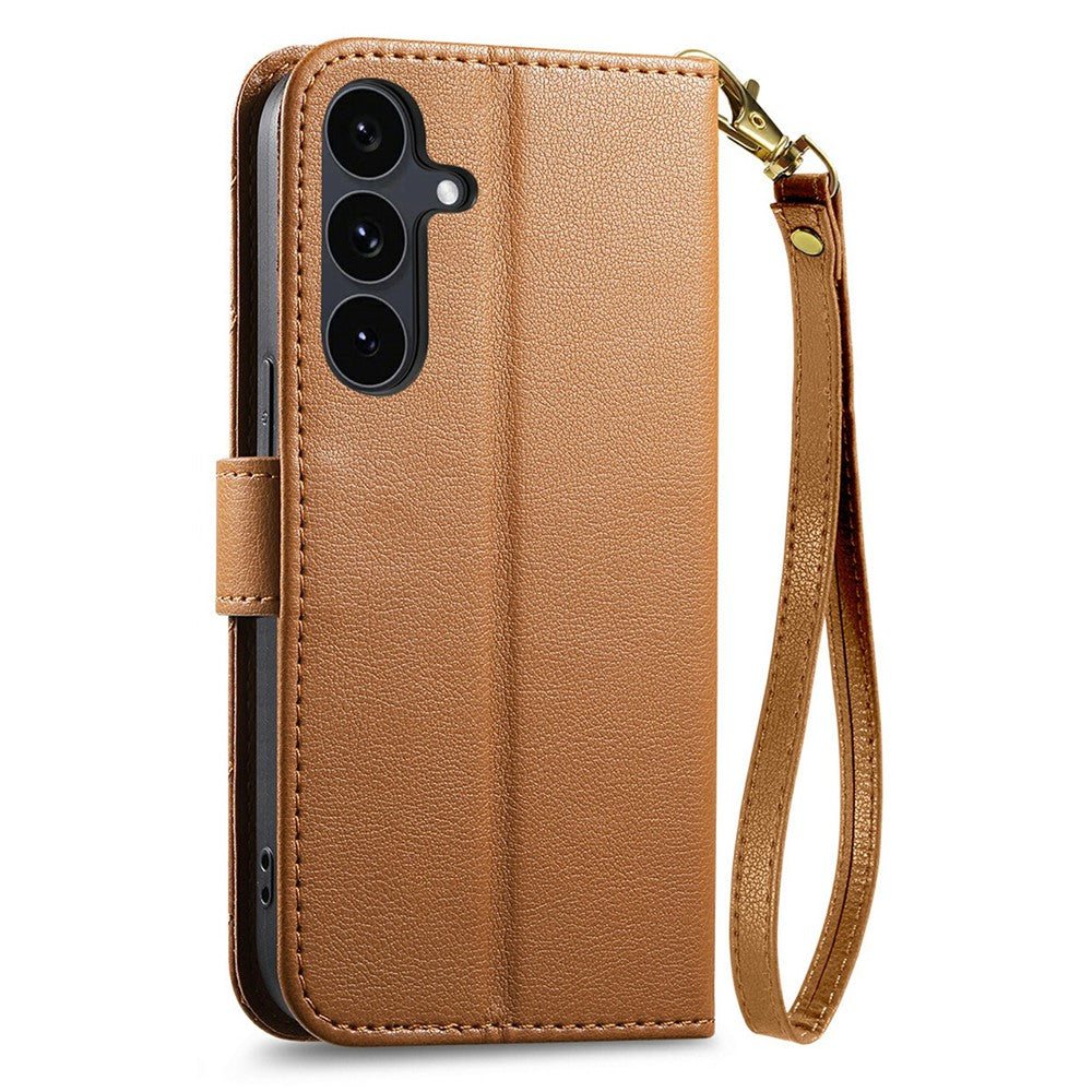 For Samsung Galaxy S26 FE Stand Case Imprint TPU PU Leather Zipper Pocket Wallet Phone Cover with Strap