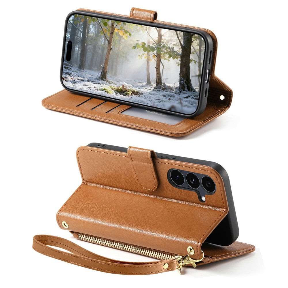 For Samsung Galaxy S26 FE Stand Case Imprint TPU PU Leather Zipper Pocket Wallet Phone Cover with Strap