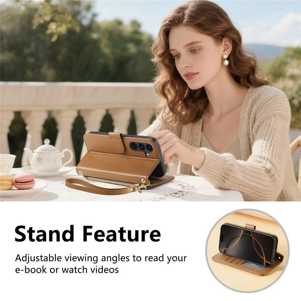 For Samsung Galaxy S26 FE Stand Case Imprint TPU PU Leather Zipper Pocket Wallet Phone Cover with Strap