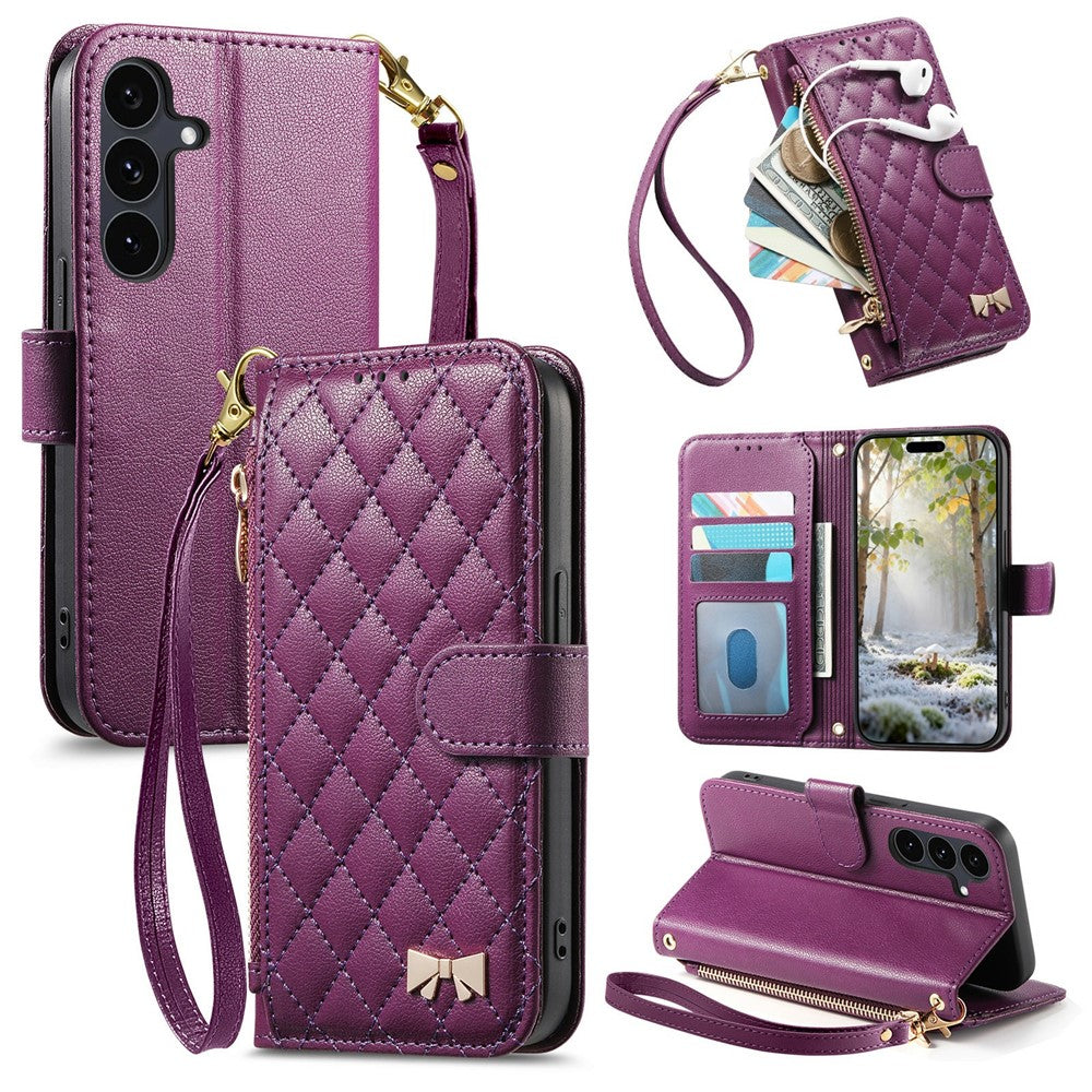 For Samsung Galaxy S26 FE Stand Case Imprint TPU PU Leather Zipper Pocket Wallet Phone Cover with Strap