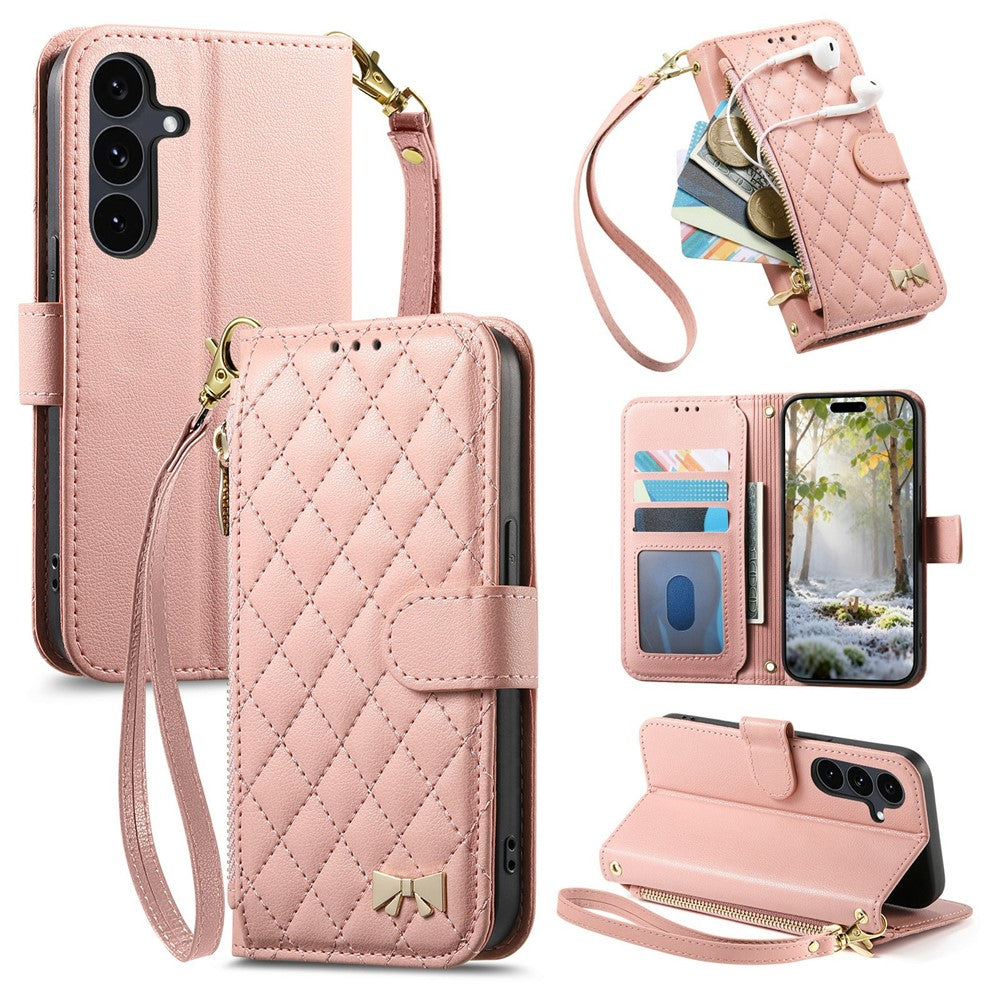For Samsung Galaxy S26 FE Stand Case Imprint TPU PU Leather Zipper Pocket Wallet Phone Cover with Strap