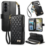 For Samsung Galaxy S26 FE Stand Case Imprint TPU PU Leather Zipper Pocket Wallet Phone Cover with Strap