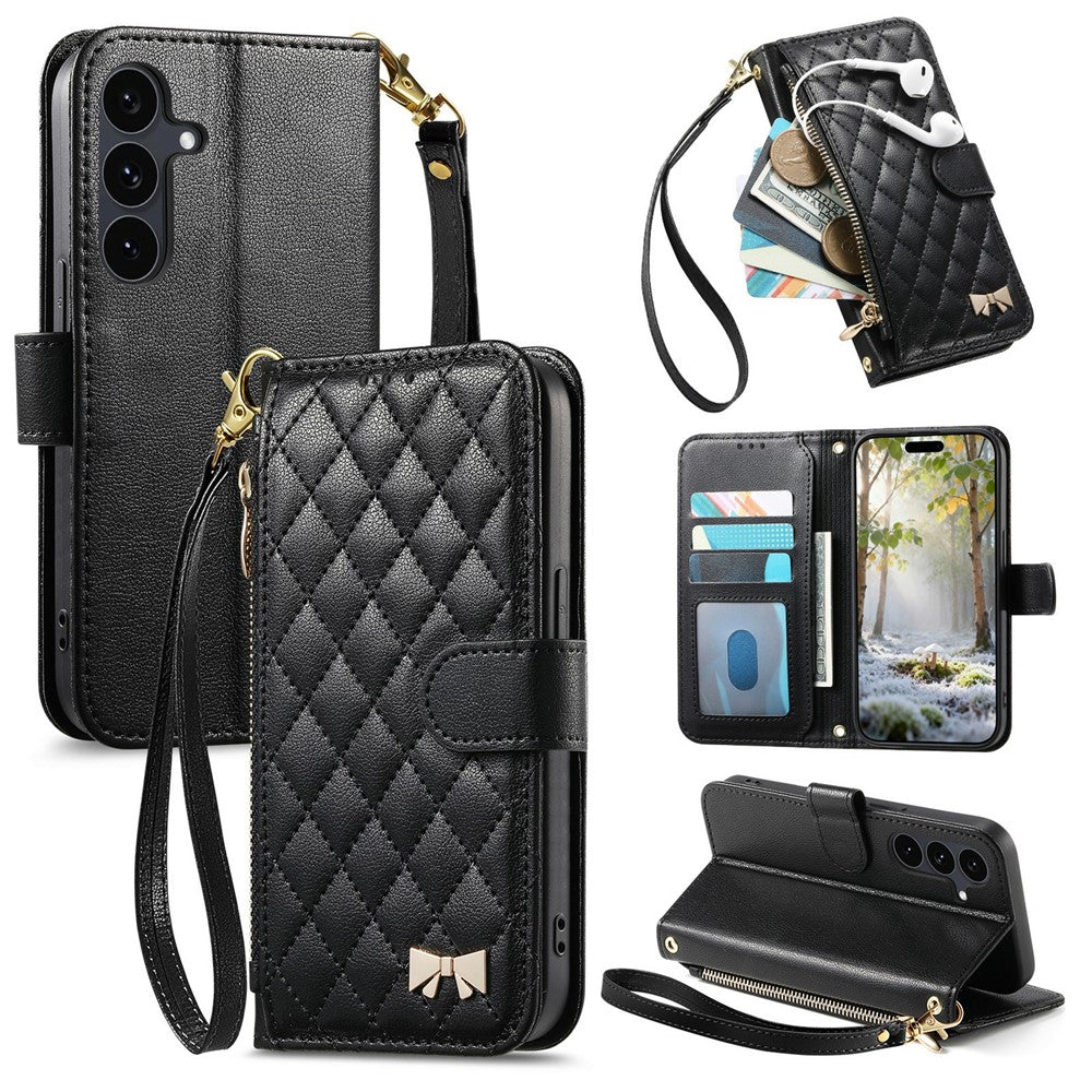 For Samsung Galaxy S26 FE Stand Case Imprint TPU PU Leather Zipper Pocket Wallet Phone Cover with Strap