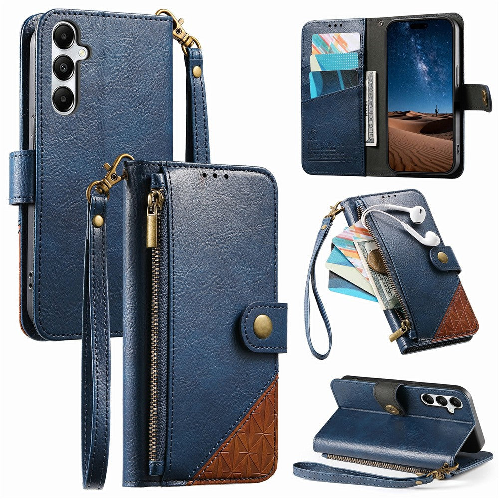 Samsung Galaxy S26 FE-skal Färgskarvning TPU PU-läder Flip Stötsäkert mobilskal med Handledsrem