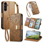 For Samsung Galaxy S26 FE Case Floral Leaf Pattern Multi Card Slots Zipper Leather Phone Cover with Wrist Strap