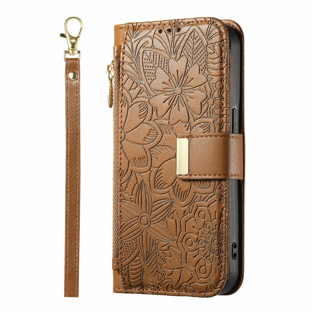 For Samsung Galaxy S26 FE Case Floral Leaf Pattern Multi Card Slots Zipper Leather Phone Cover with Wrist Strap