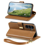 For Samsung Galaxy S26 FE Case Floral Leaf Pattern Multi Card Slots Zipper Leather Phone Cover with Wrist Strap