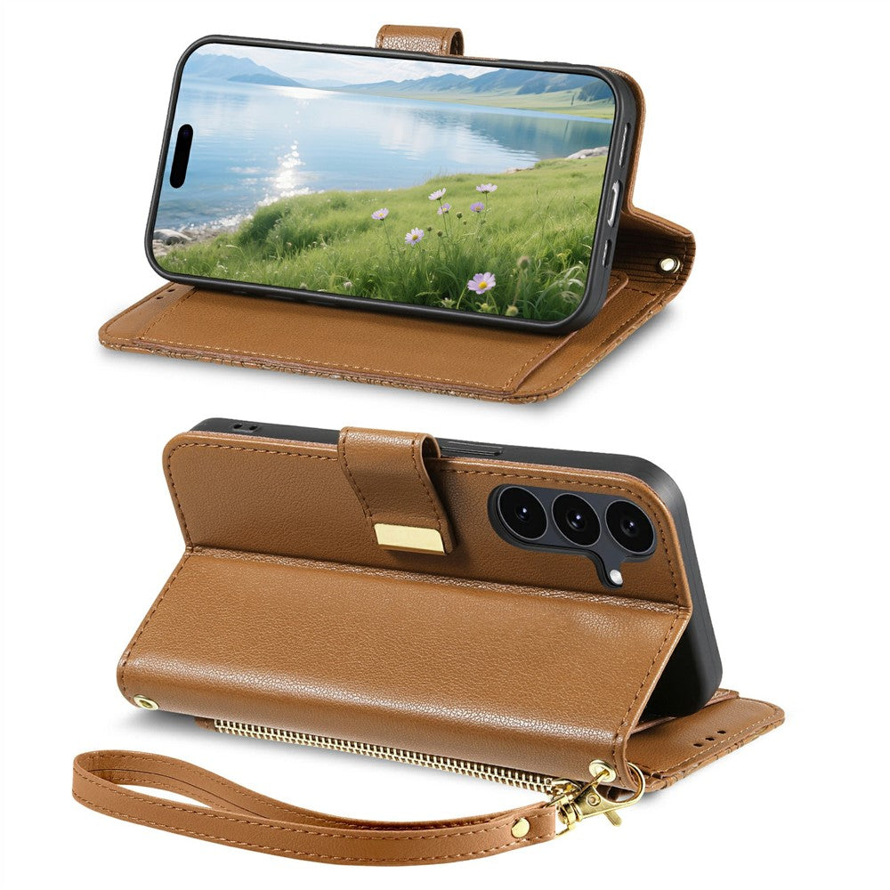 For Samsung Galaxy S26 FE Case Floral Leaf Pattern Multi Card Slots Zipper Leather Phone Cover with Wrist Strap