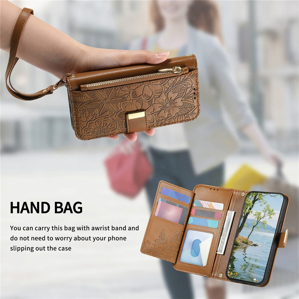 For Samsung Galaxy S26 FE Case Floral Leaf Pattern Multi Card Slots Zipper Leather Phone Cover with Wrist Strap