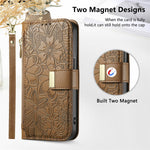 For Samsung Galaxy S26 FE Case Floral Leaf Pattern Multi Card Slots Zipper Leather Phone Cover with Wrist Strap