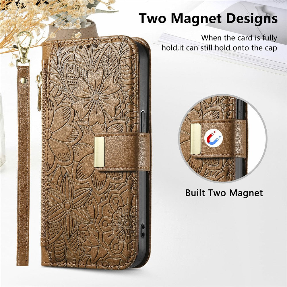 For Samsung Galaxy S26 FE Case Floral Leaf Pattern Multi Card Slots Zipper Leather Phone Cover with Wrist Strap