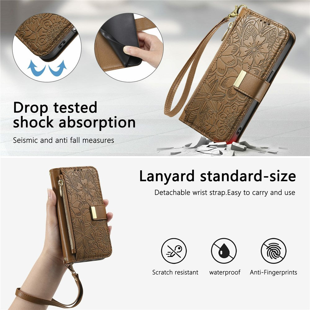 For Samsung Galaxy S26 FE Case Floral Leaf Pattern Multi Card Slots Zipper Leather Phone Cover with Wrist Strap