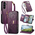 For Samsung Galaxy S26 FE Case Floral Leaf Pattern Multi Card Slots Zipper Leather Phone Cover with Wrist Strap