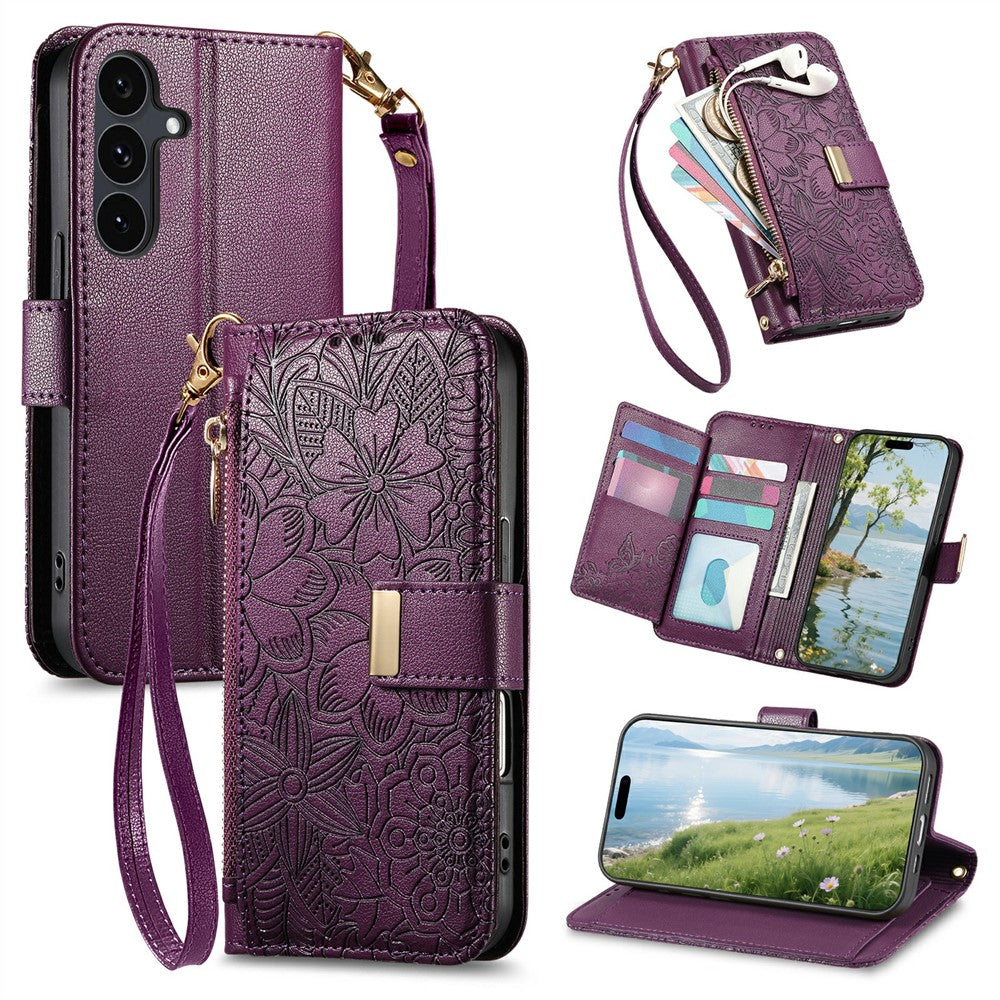 For Samsung Galaxy S26 FE Case Floral Leaf Pattern Multi Card Slots Zipper Leather Phone Cover with Wrist Strap