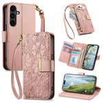 For Samsung Galaxy S26 FE Case Floral Leaf Pattern Multi Card Slots Zipper Leather Phone Cover with Wrist Strap