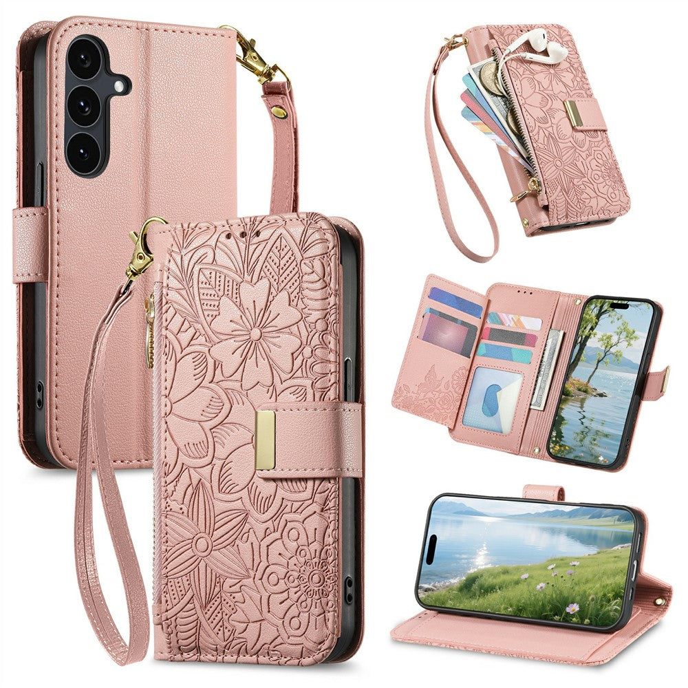 For Samsung Galaxy S26 FE Case Floral Leaf Pattern Multi Card Slots Zipper Leather Phone Cover with Wrist Strap