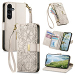 For Samsung Galaxy S26 FE Case Floral Leaf Pattern Multi Card Slots Zipper Leather Phone Cover with Wrist Strap
