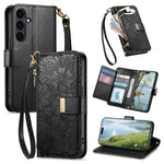 For Samsung Galaxy S26 FE Case Floral Leaf Pattern Multi Card Slots Zipper Leather Phone Cover with Wrist Strap