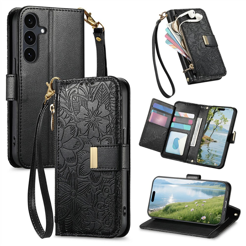 For Samsung Galaxy S26 FE Case Floral Leaf Pattern Multi Card Slots Zipper Leather Phone Cover with Wrist Strap
