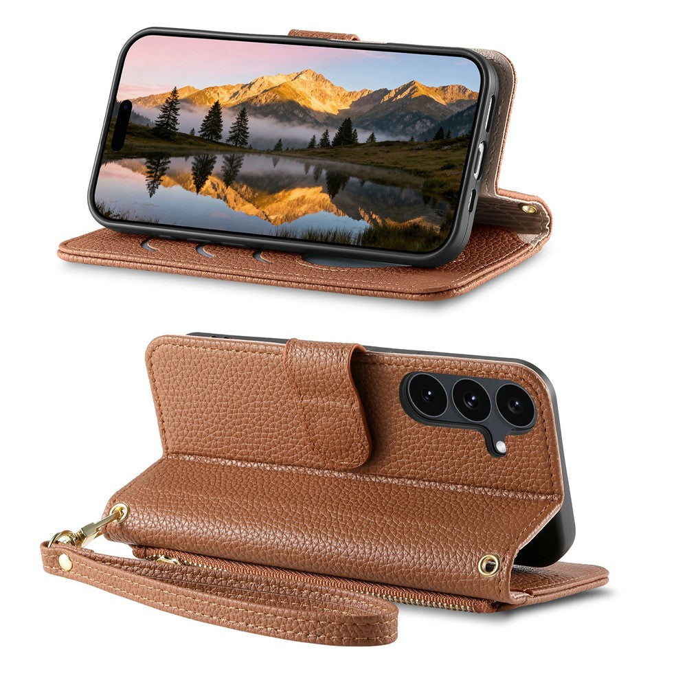 Skal för Samsung Galaxy S26 FE med dragkedja och ficka, i TPU- och PU-läder, med plånbok och rem