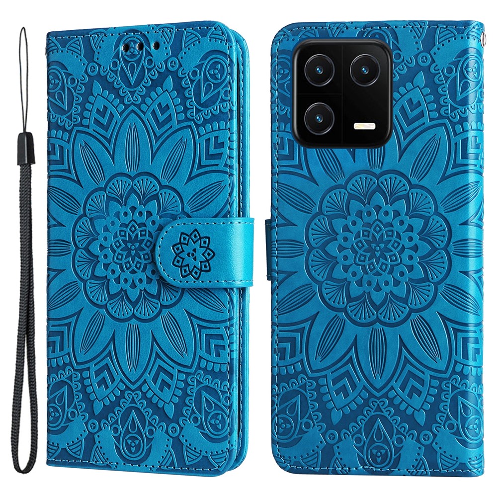 For Xiaomi 13 PU Leather Sunflower Imprinted Full Protection Phone Case Stand Wallet Anti-scratch Folio Flip Cover with Wrist Strap
