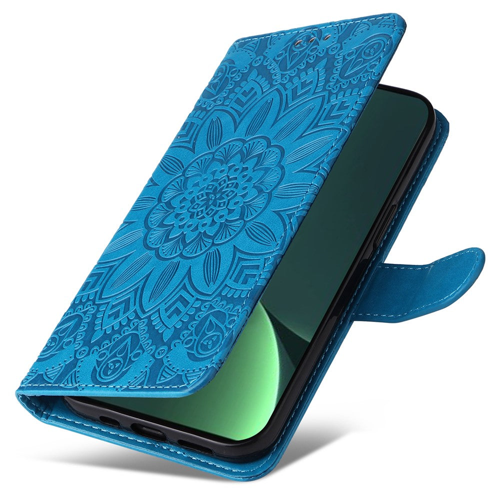 For Xiaomi 13 PU Leather Sunflower Imprinted Full Protection Phone Case Stand Wallet Anti-scratch Folio Flip Cover with Wrist Strap