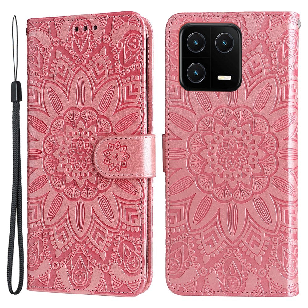 For Xiaomi 13 PU Leather Sunflower Imprinted Full Protection Phone Case Stand Wallet Anti-scratch Folio Flip Cover with Wrist Strap