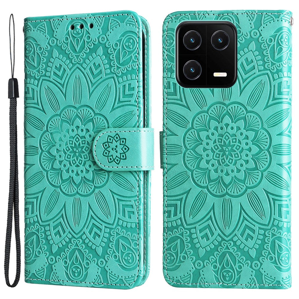 For Xiaomi 13 PU Leather Sunflower Imprinted Full Protection Phone Case Stand Wallet Anti-scratch Folio Flip Cover with Wrist Strap
