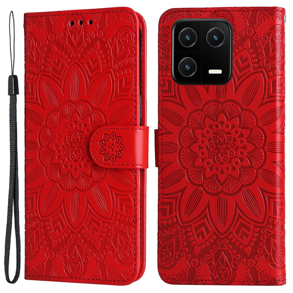 For Xiaomi 13 PU Leather Sunflower Imprinted Full Protection Phone Case Stand Wallet Anti-scratch Folio Flip Cover with Wrist Strap
