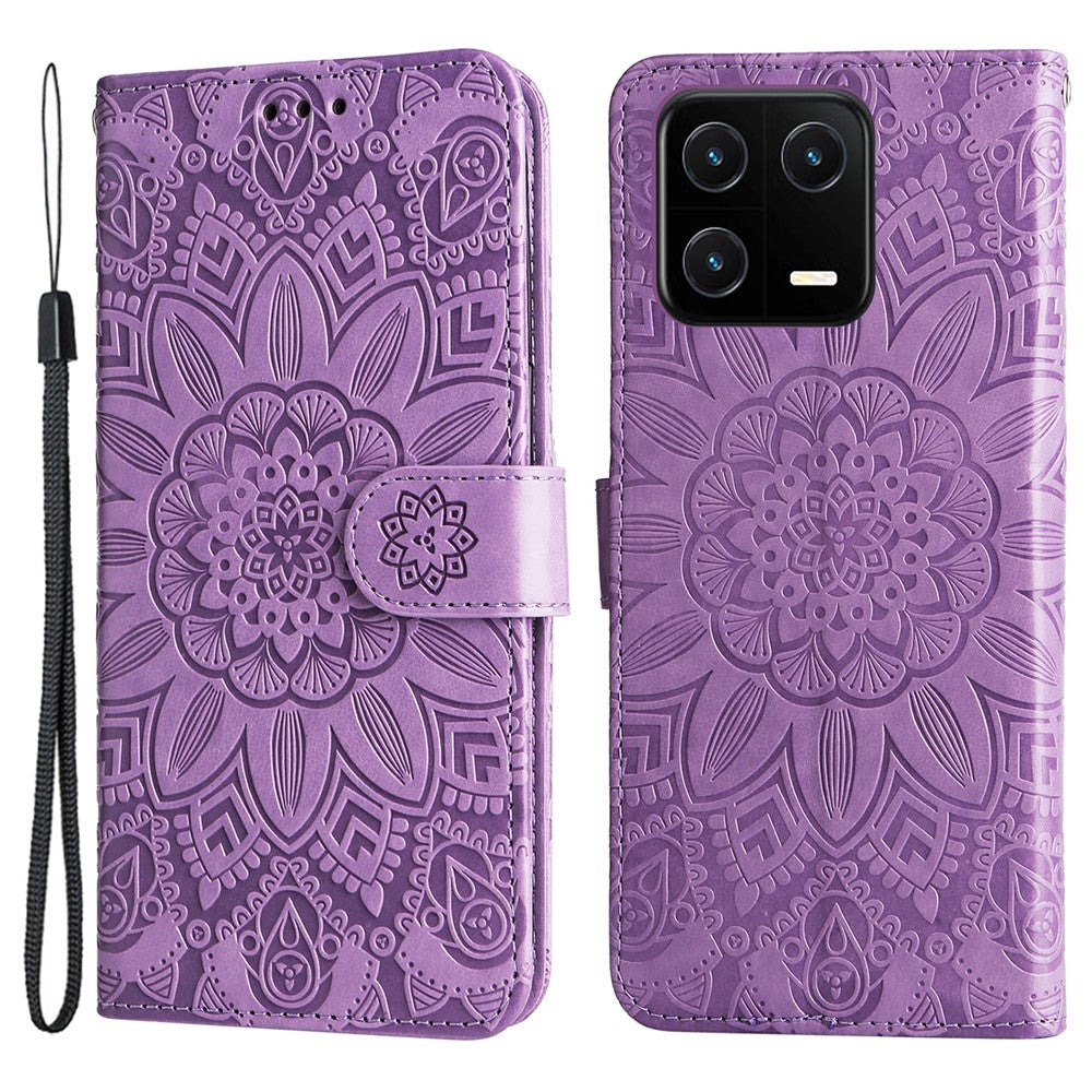 For Xiaomi 13 PU Leather Sunflower Imprinted Full Protection Phone Case Stand Wallet Anti-scratch Folio Flip Cover with Wrist Strap