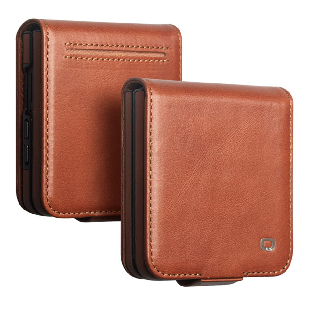 QIALINO for Samsung Galaxy Z Flip8 Case Oil-Waxed Genuine Cow Leather Flip Card Slot Phone Cover