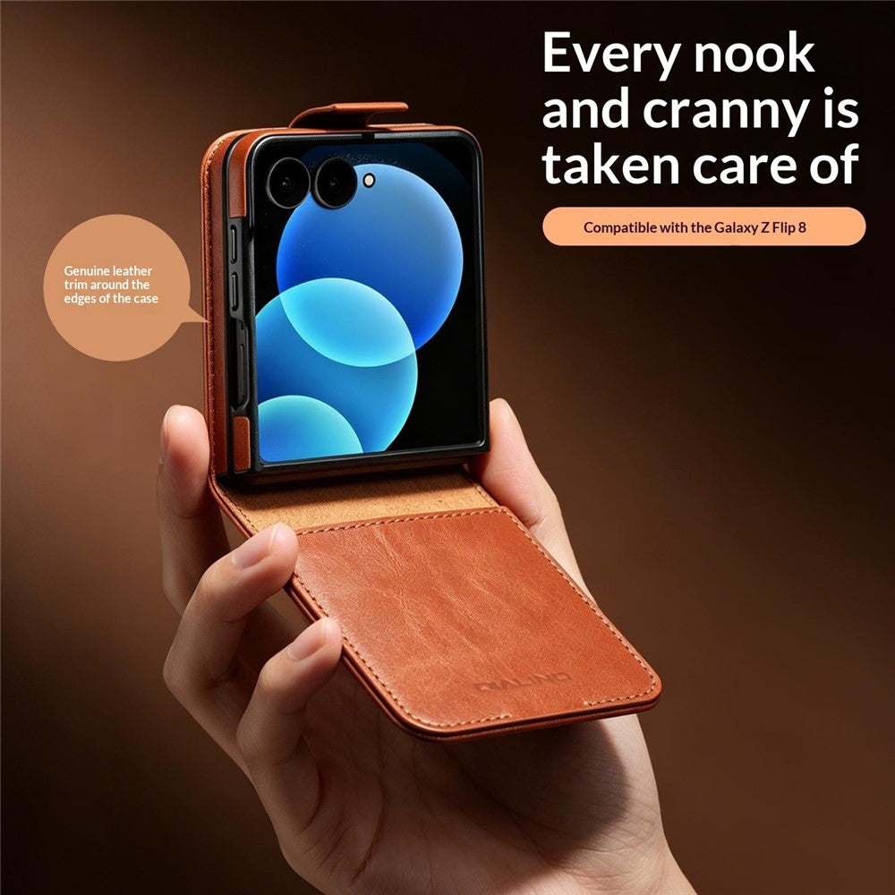 QIALINO for Samsung Galaxy Z Flip8 Case Oil-Waxed Genuine Cow Leather Flip Card Slot Phone Cover
