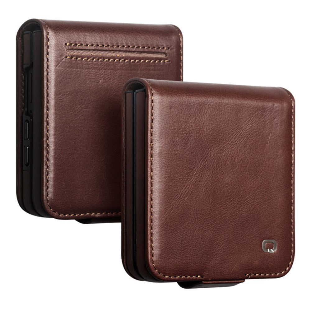 QIALINO for Samsung Galaxy Z Flip8 Case Oil-Waxed Genuine Cow Leather Flip Card Slot Phone Cover