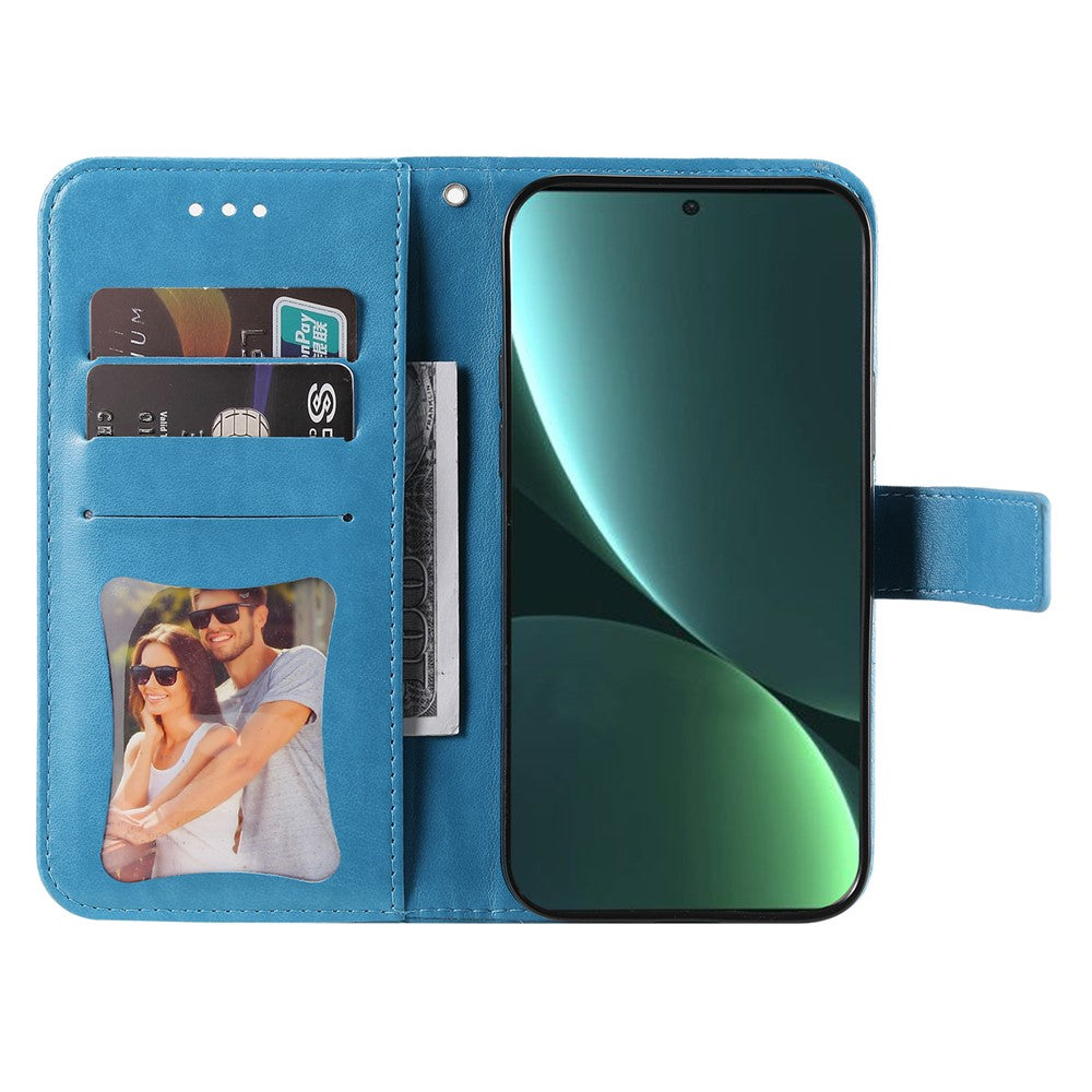 Drop-proof Phone Case Stand For Xiaomi 13 Flower Imprinting PU Leather Flip Wallet Cover with Strap