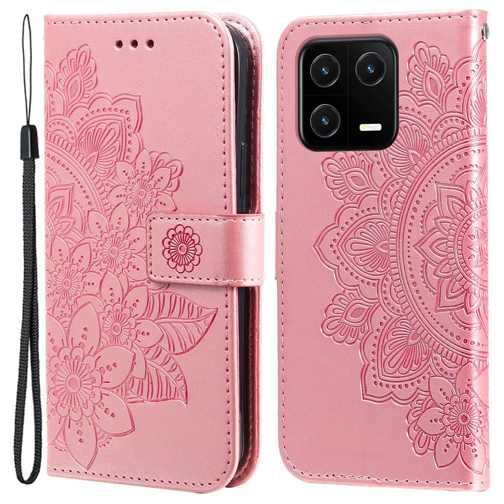 Drop-proof Phone Case Stand For Xiaomi 13 Flower Imprinting PU Leather Flip Wallet Cover with Strap