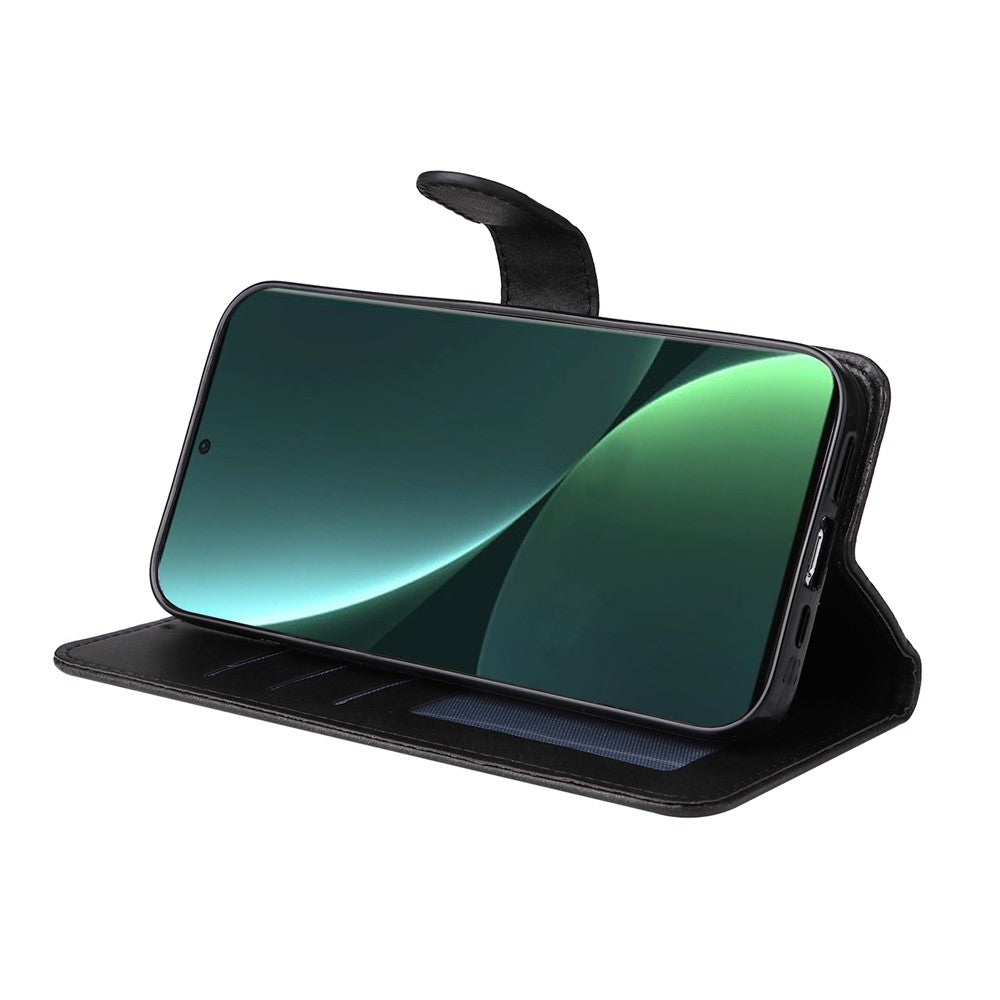 For Xiaomi 13 Anti-scratch Classic Calf Texture Phone Stand Case PU Leather Wallet Drop-proof Cover with Wrist Strap