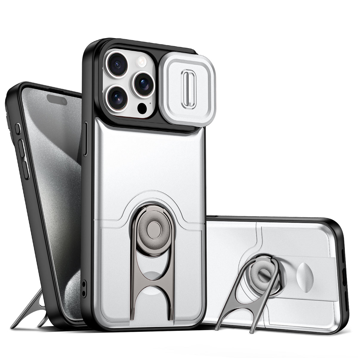 For iPhone 15 Pro Case with Slide Camera Cover Kickstand PC + TPU Protective Phone Shell