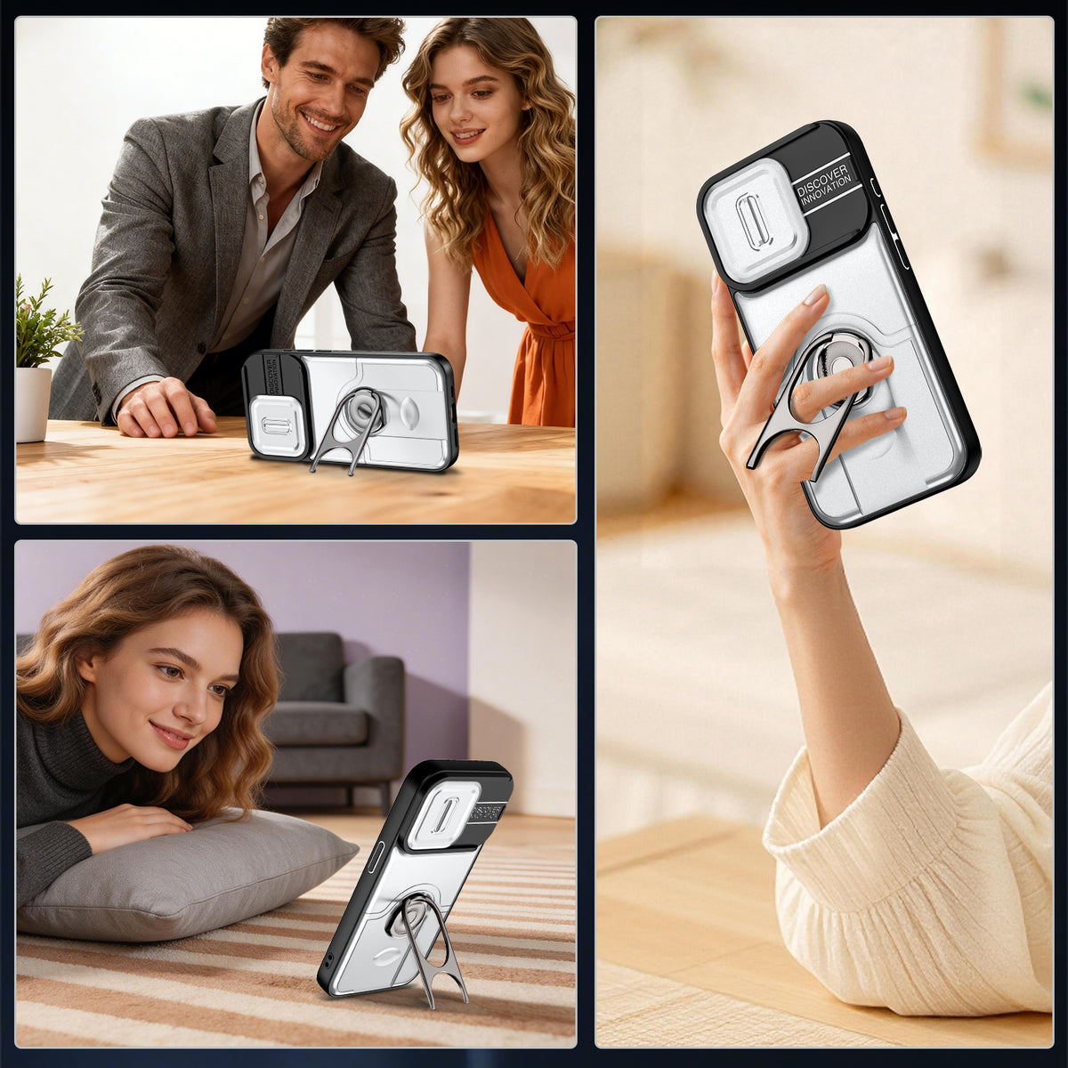 For iPhone 15 Pro Case with Slide Camera Cover Kickstand PC + TPU Protective Phone Shell