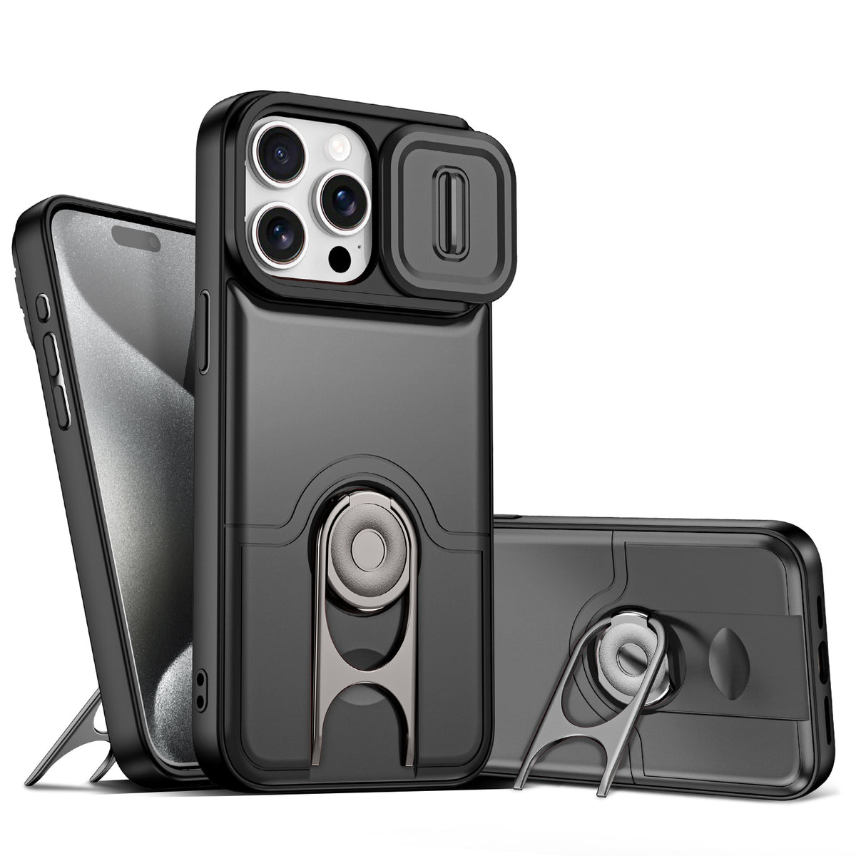 For iPhone 15 Pro Case with Slide Camera Cover Kickstand PC + TPU Protective Phone Shell