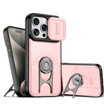 For iPhone 15 Pro Case with Slide Camera Cover Kickstand PC + TPU Protective Phone Shell