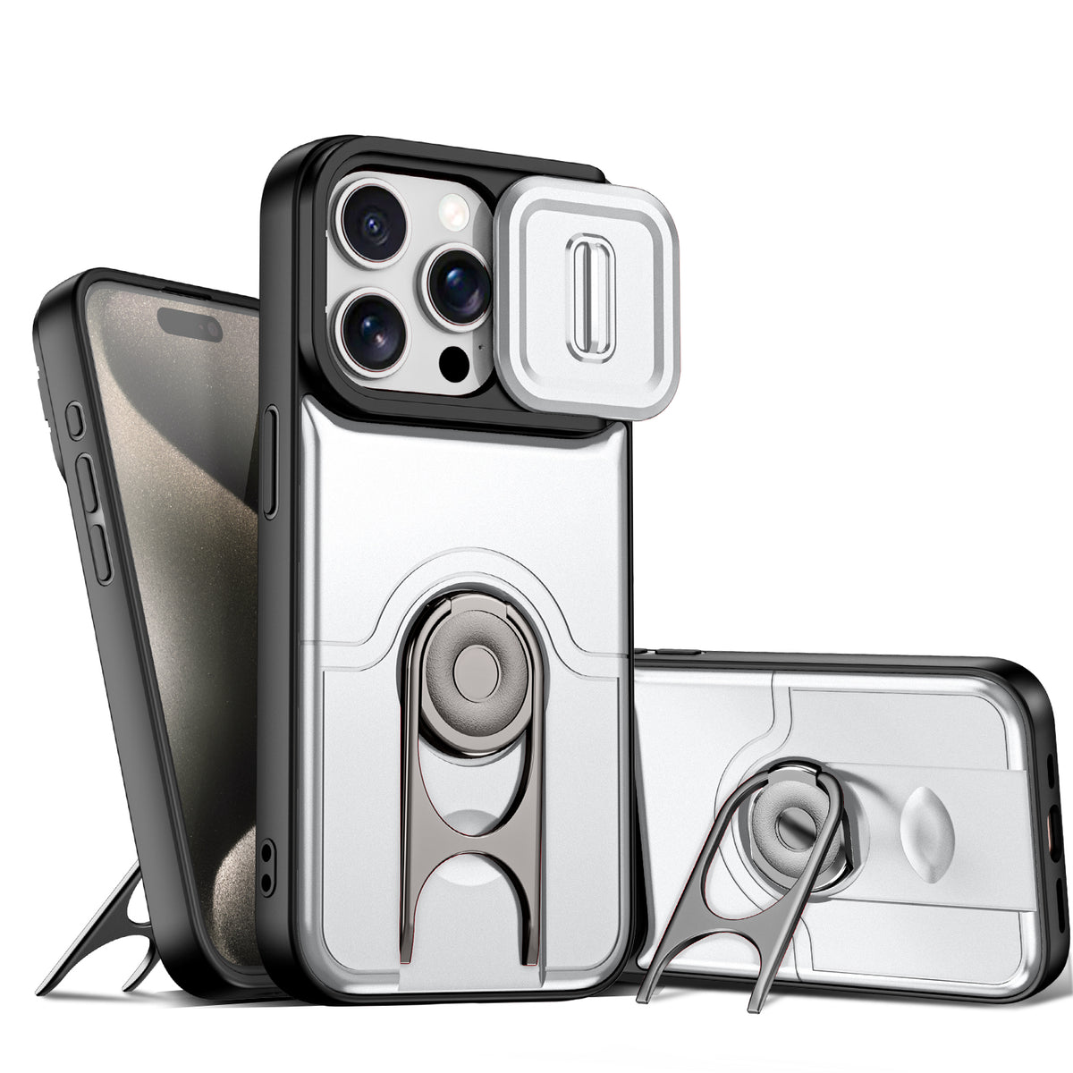 For iPhone 15 Pro Max Case with Slide Camera Cover Kickstand PC + TPU Protective Phone Shell