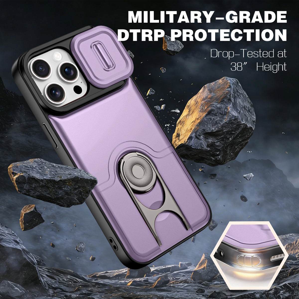 For iPhone 15 Pro Max Case with Slide Camera Cover Kickstand PC + TPU Protective Phone Shell
