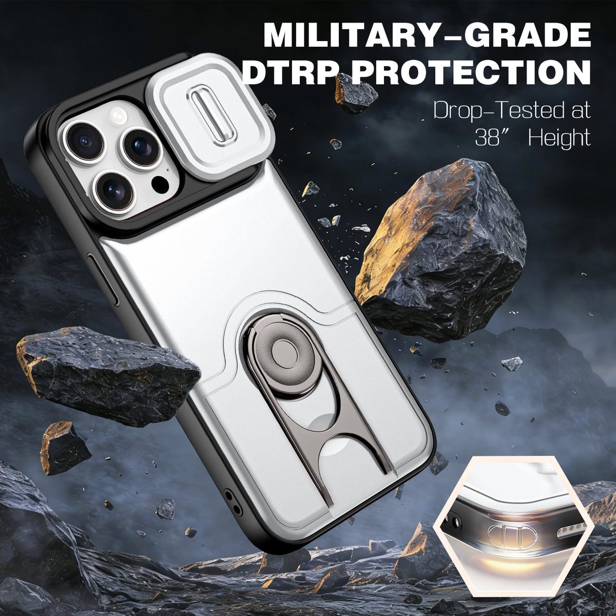 For iPhone 14 Pro Case with Slide Camera Cover Kickstand PC + TPU Protective Phone Shell